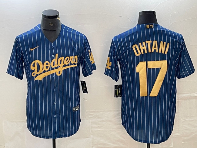 Men's Los Angeles Dodgers #17 Shohei Ohtani Navy Gold Cool Base Stitched Jersey